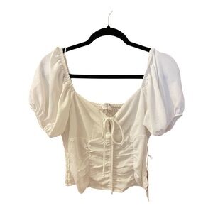 Sienna Sky Crop Top, Size M, Puff Sleeves, Shirred Back, Peephole Front w/Ties.